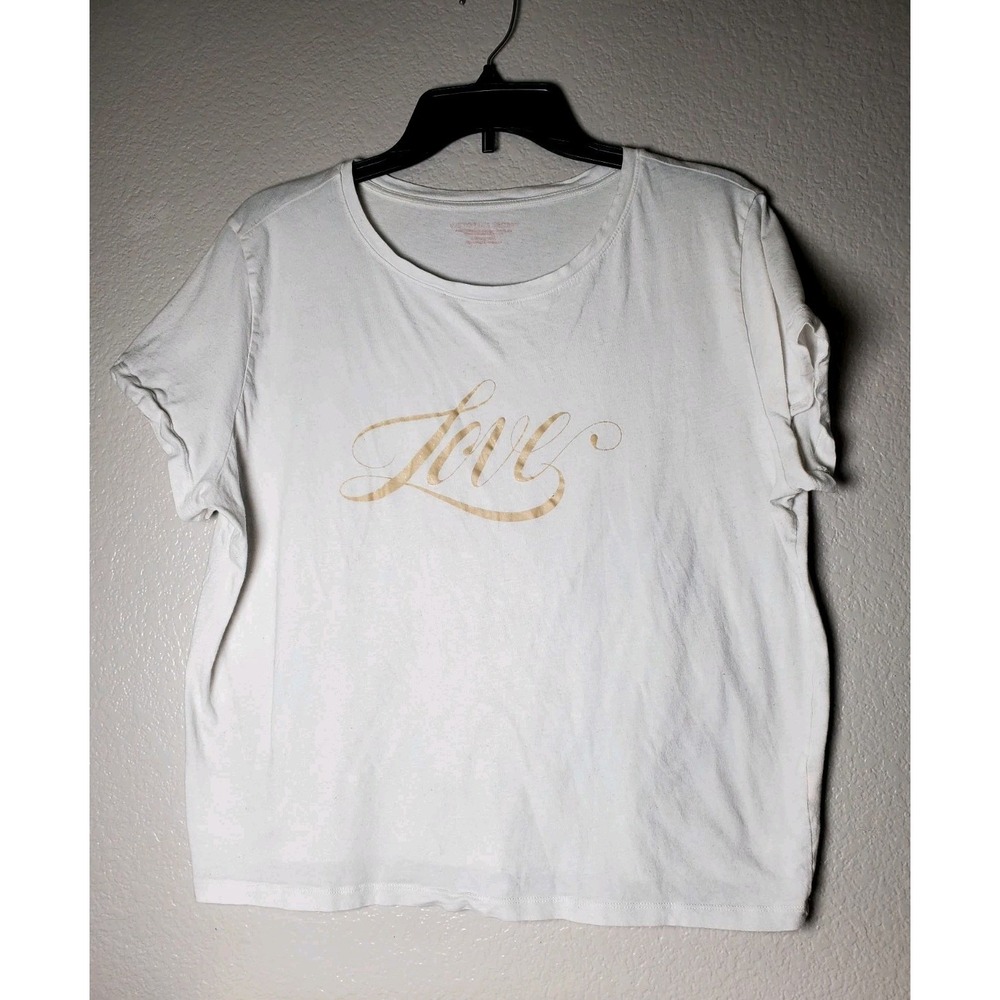 Victoria's Secret Women's White Short Sleeve‎ Tee Gold Love Graphic Size Large